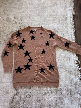 Philosophy Cashmere Tan Black Star Print Button Cardigan Sweater